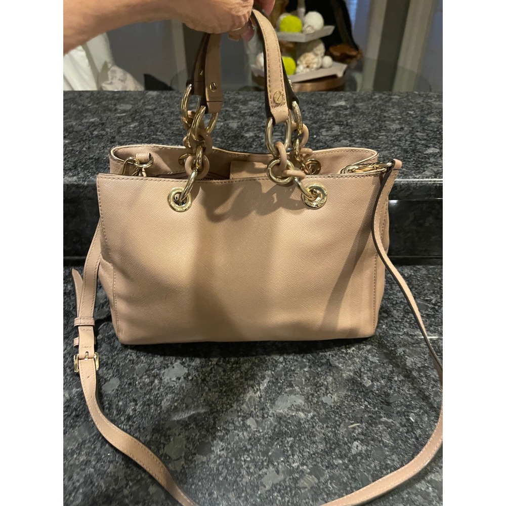 Michael Kors Cynthia Satchel Saffiano Leather Blush Pink Gold Chain Handbag